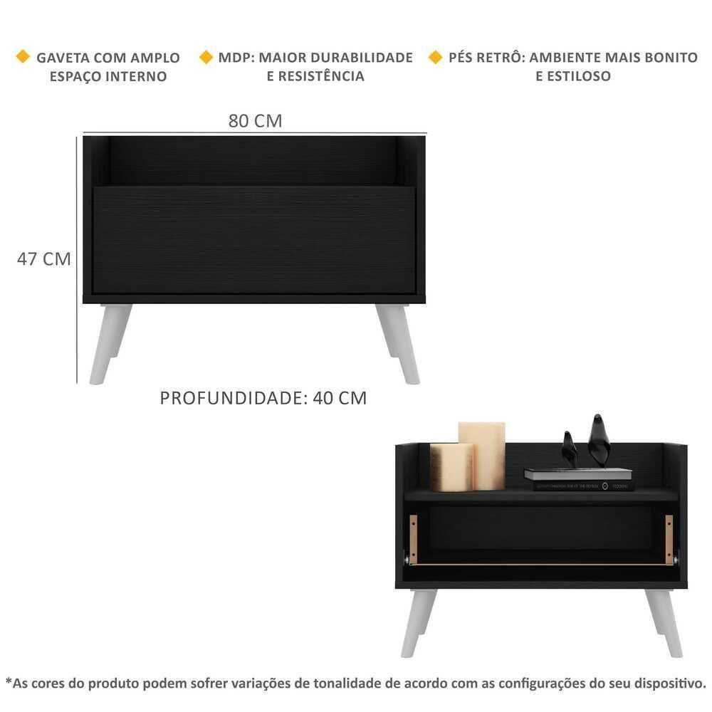 Kit Com 2 Mesas De Cabeceira 80Cm Retrô Multimóveis V4002 Preta/Branca Preto/Branco - 6