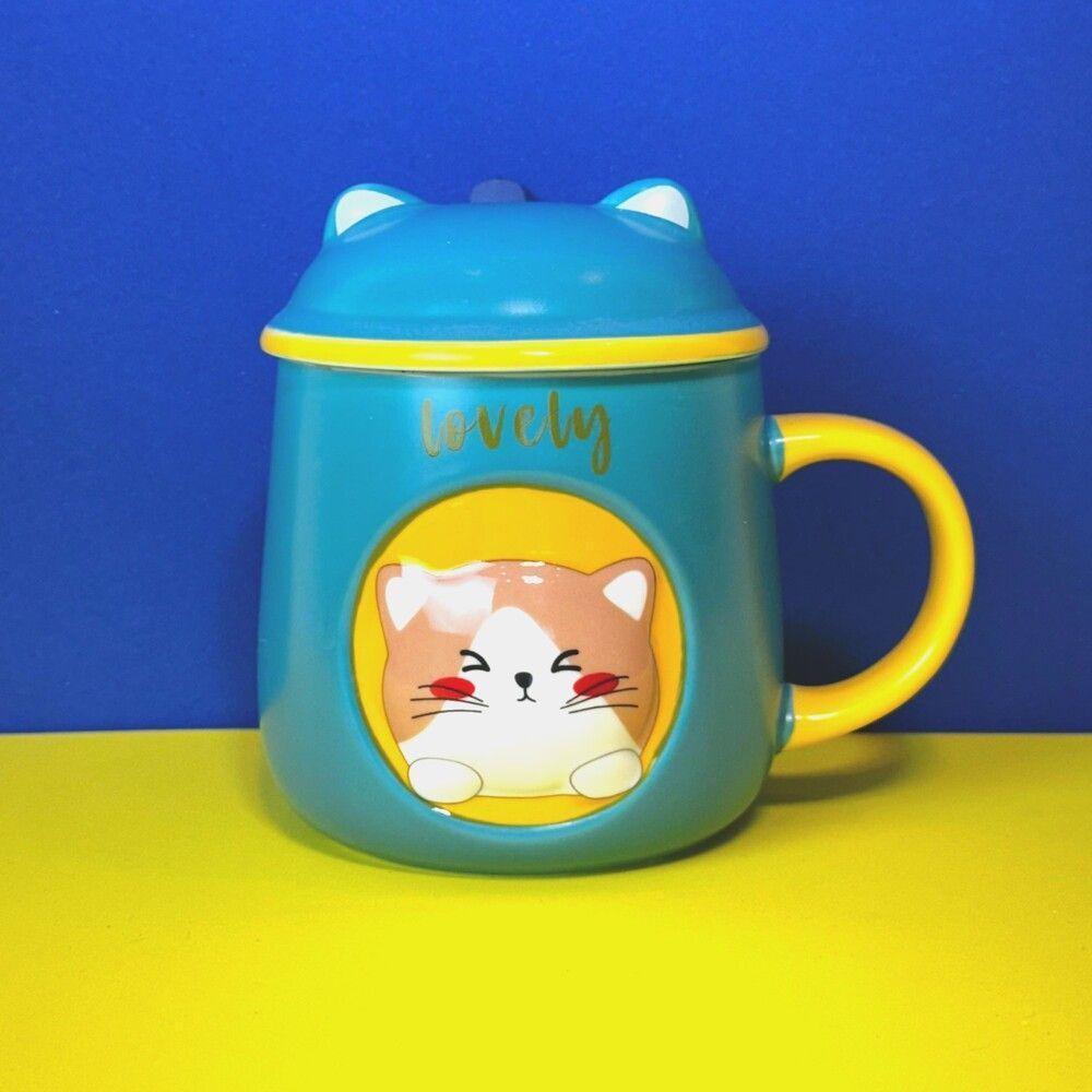 Caneca De Porcelana 3d Gatinho Verde Com Tampa E Colher - Toque Divertido Para Seu Dia A Dia - 5