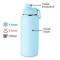 Garrafa Térmica Azul Com Alça E Bico - 960ml, Parede Dupla - 3