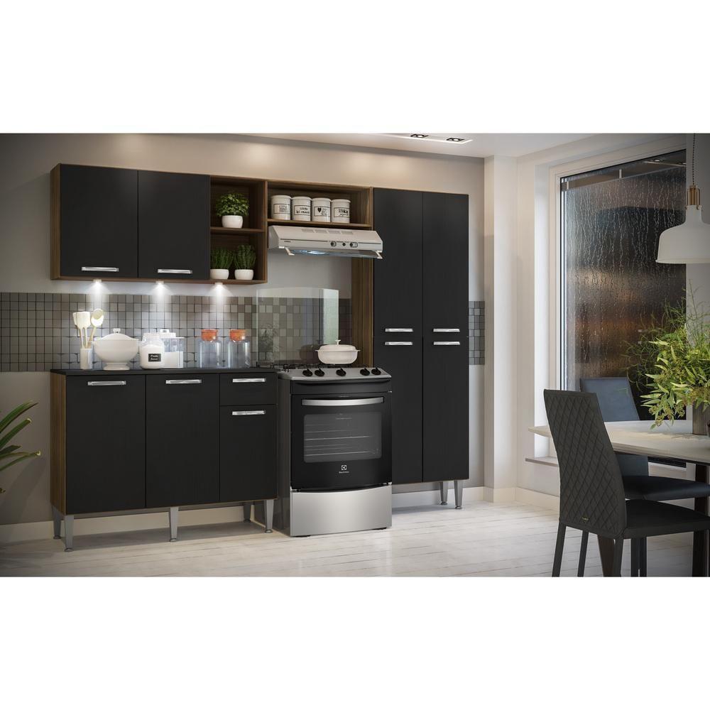 Cozinha Compacta C/ 3 Leds 3 Pçs Pequim Multimóveis V3413 Nogueira/Preta Nogueira/Preto - 2