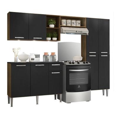Cozinha Compacta Pequim 9 Portas 1 Gaveta MDF 228cm Marrom Nogueira Preta
