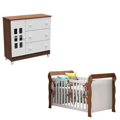 Berço e Cômoda Infantil Lara Mariah 3 Gavetas MDF Branco Acetinado
