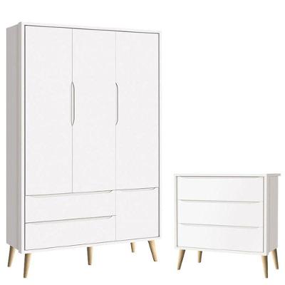 Cômoda Gaveteiro Infantil E Guarda Roupa 3 Portas Theo Branco Acetinado Pés Madeira Natural ? Reller