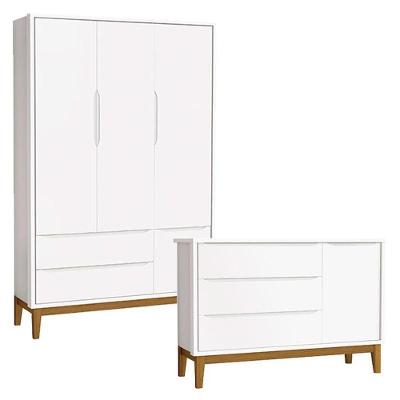 Cômoda Infantil e Guarda Roupa 3 Portas New Classic 3 Gavetas MDF Branco Brilhante