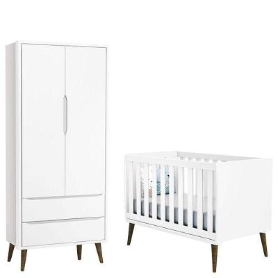 Berço Americano E Guarda Roupa 2 Portas Infantil Theo Branco Acetinado Com Pés Amadeirado ? Reller
