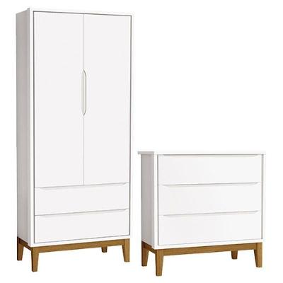 Cômoda e Guarda Roupa Infantil New Classic 2 Portas 3 Gavetas MDF 90cm Branco Reller Móveis