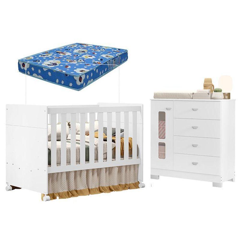 Berço Americano E Cômoda Infantil Katatau Branco Acetinado Com Colchão Ortobom ? Reller - 1