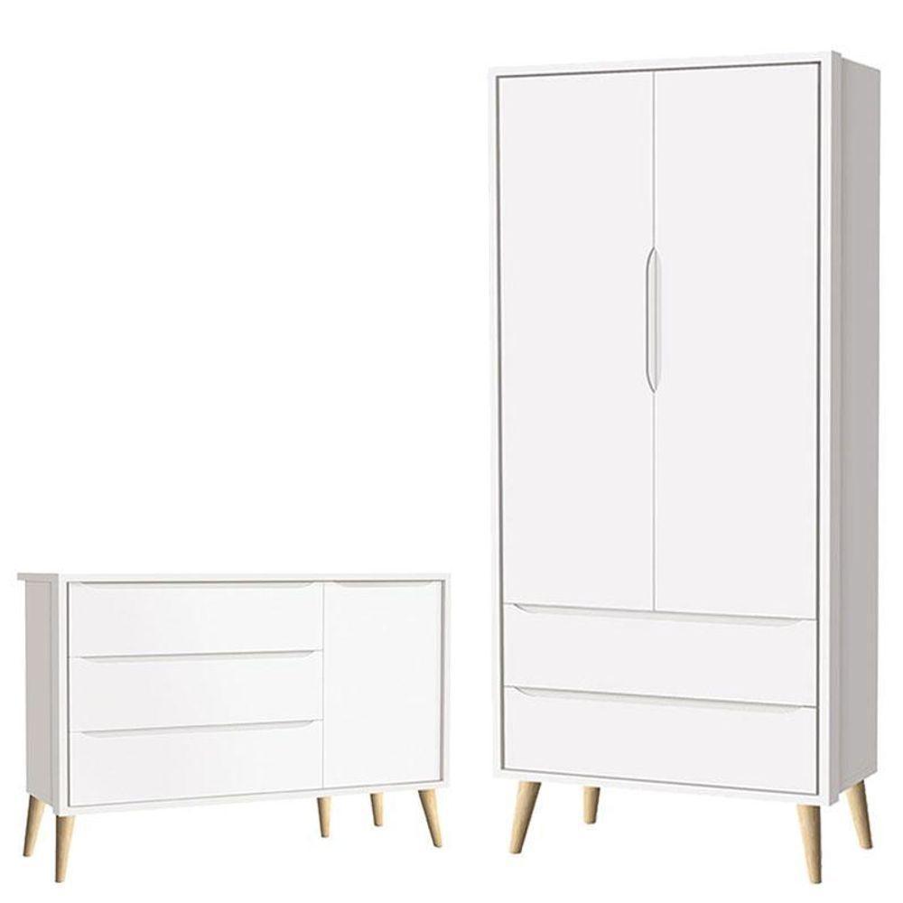 Cômoda Infantil Com Porta E Guarda Roupa 2 Portas Theo Branco Acetinado Pés Madeira Natural ? Reller - 1