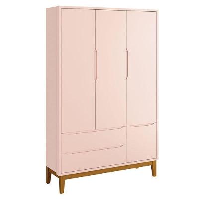 Guarda Roupa Infantil New Classic 3 Portas 2 Gavetas Rosa com Pés Madeira