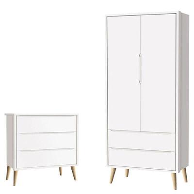 Cômoda Gaveteiro Infantil E Guarda Roupa 2 Portas Theo Branco Acetinado Pés Madeira Natural ? Reller