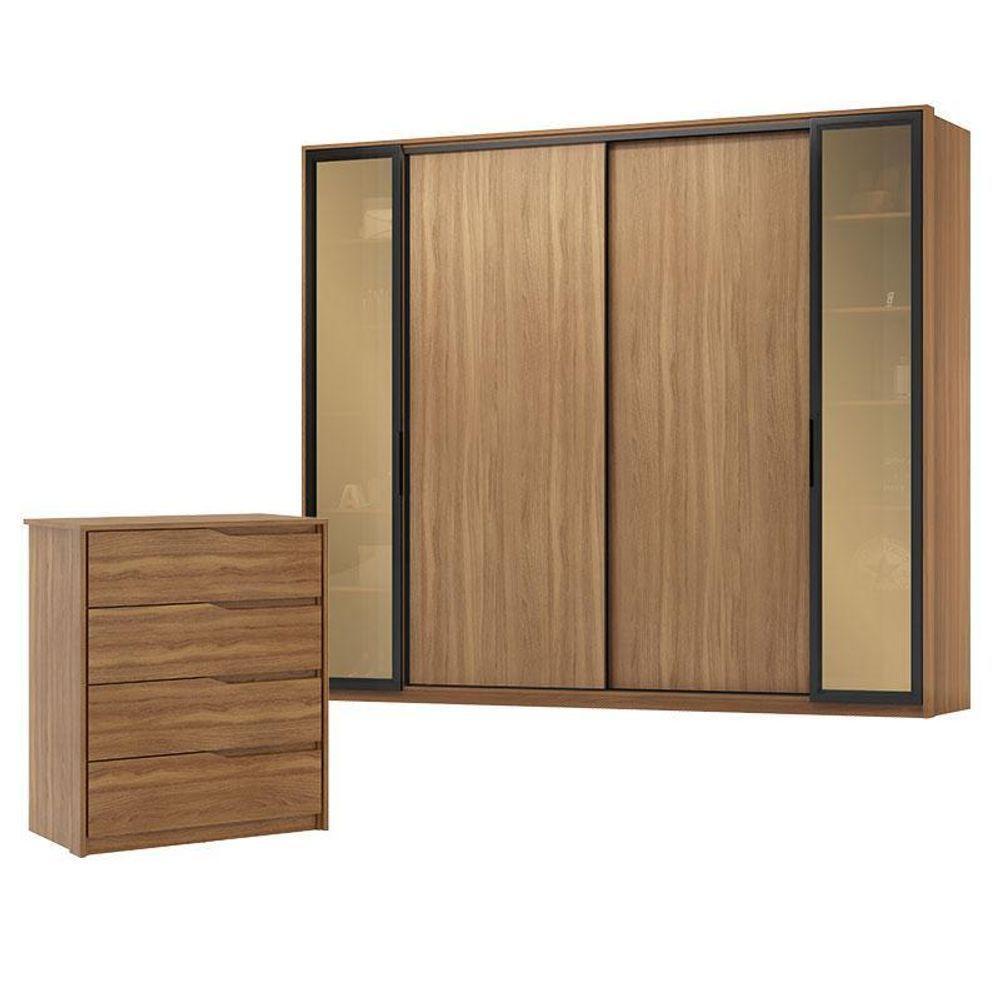 Cômoda átria E Guarda Roupa Casal Laredo Amêndola Touch Nude Prime Flex Com Portas De Vidro Reflecta - Demartez - 1