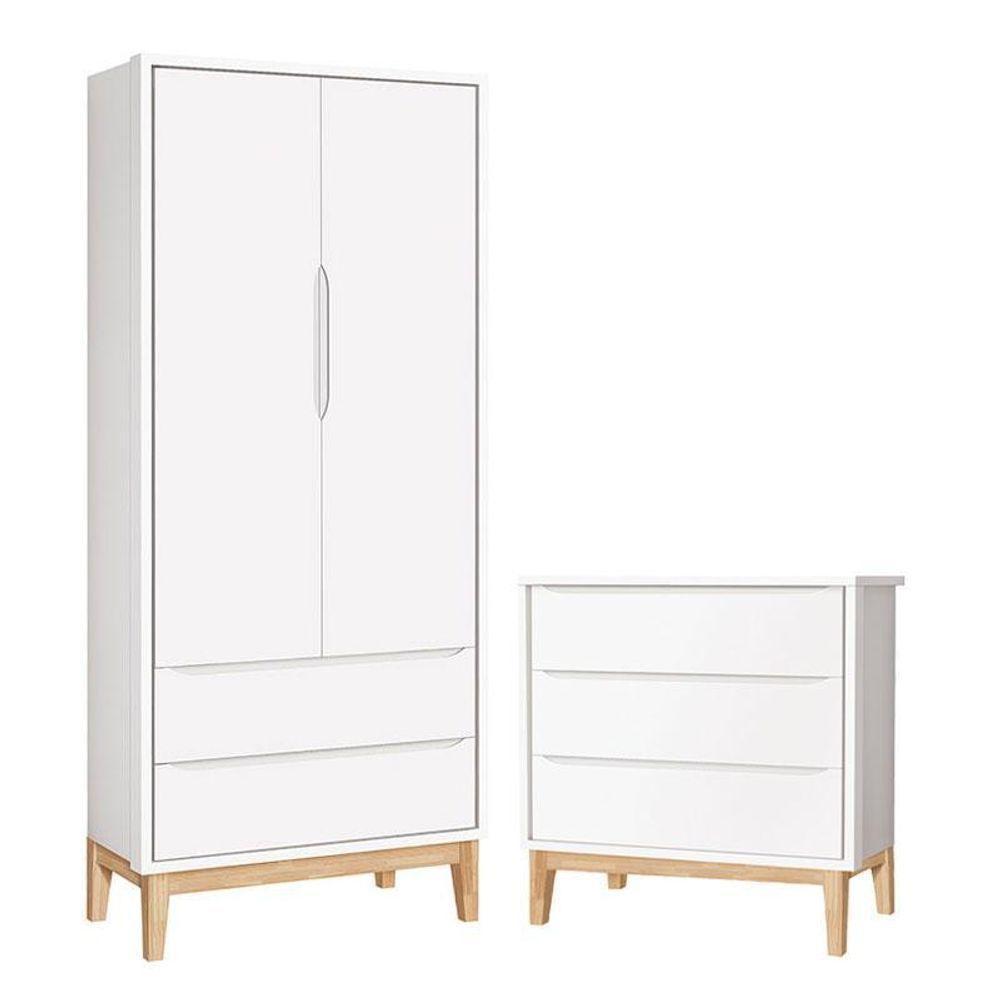 Cômoda Gaveteiro E Guarda Roupa Infantil 2 Portas New Classic Branco Com Pés Madeira Natural ? Reller - 1