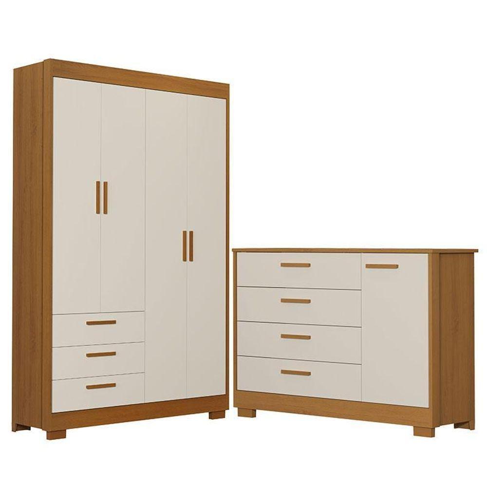 Cômoda Com Porta E Guarda Roupa 4 Portas Infantil Zaki Areia Acetinado Savana - Reller - 1