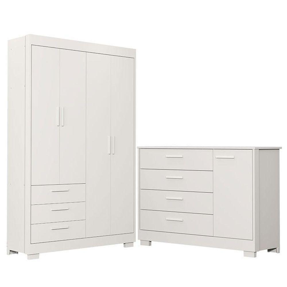 Cômoda Com Porta E Guarda Roupa 4 Portas Infantil Zaki Branco Acetinado - Reller - 1