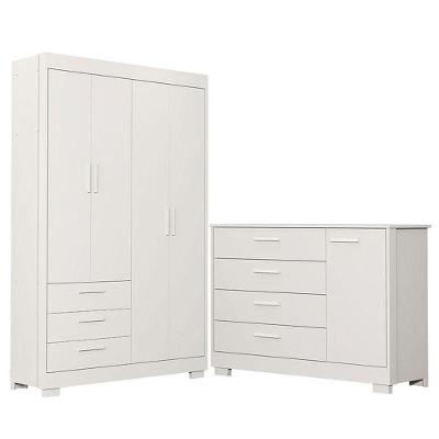 Conjunto Guarda Roupa e Cômoda Infantil Zaki 4 Portas 3 Gavetas Branco Acetinado Reller