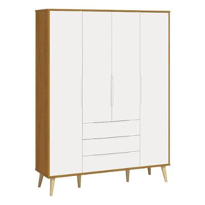 Guarda Roupa Infantil Retrô Elfe 4 Portas 3 Gavetas Branco Acetinado Savana Natural