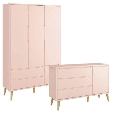 Guarda Roupa Infantil 3 Portas E Cômoda Theo 1 Porta Rosa Com Pés Madeira Natural ? Reller