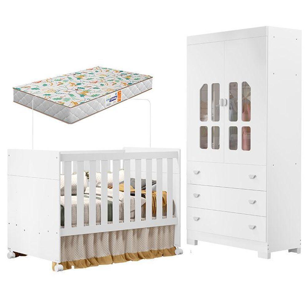 Berço Americano E Guarda Roupa Infantil Katatau Branco Acetinado Com Colchão Gazin ? Reller - 1