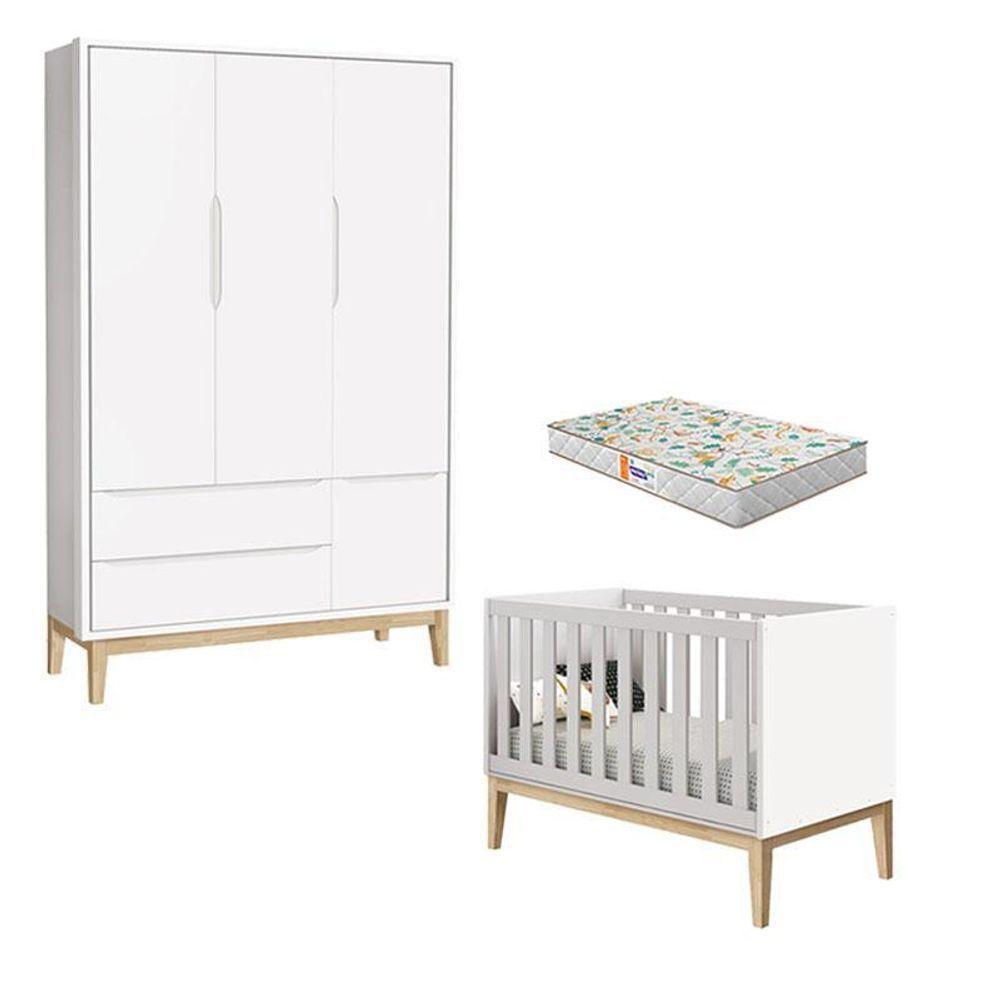 Berço Americano E Guarda Roupa 3 Portas New Classic Branco Com Pés Madeira Natural E Colchão Gazin ? Reller - 1