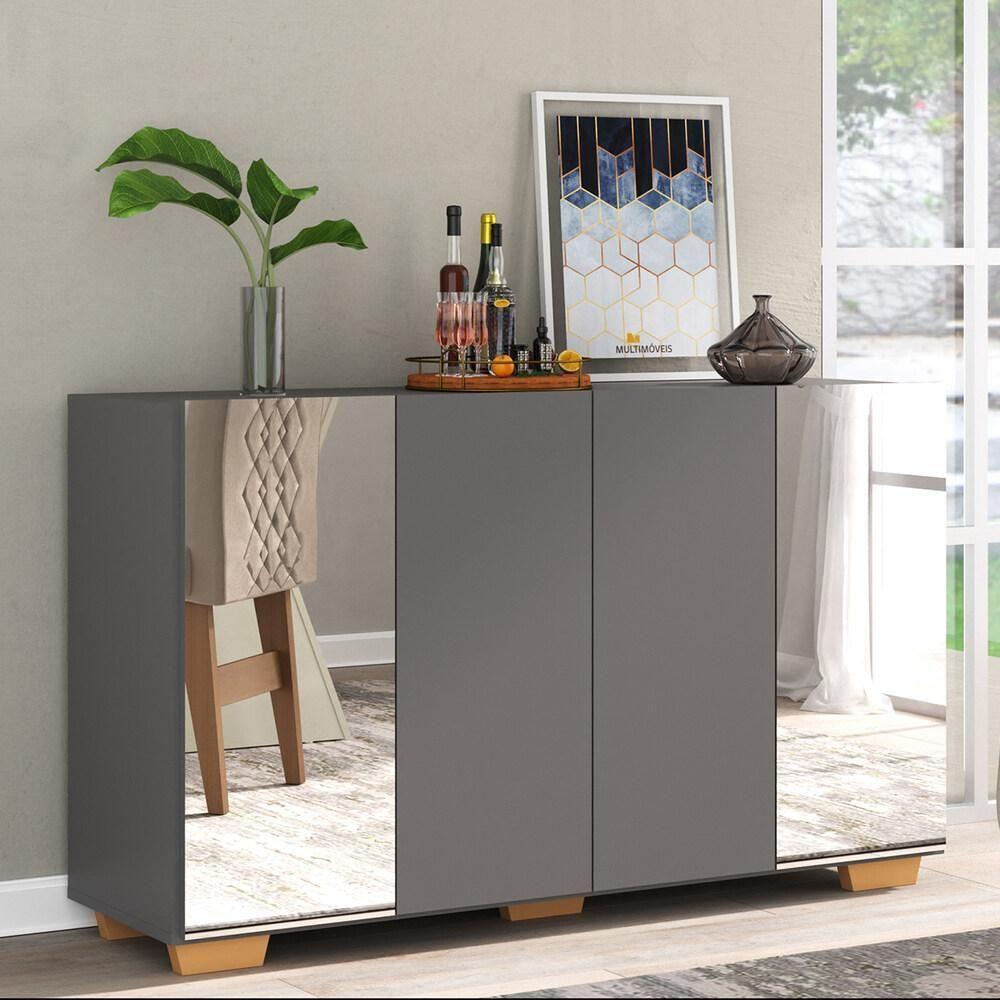 Aparador Buffet 4 Portas Com Espelho E Pés Quadrados Vegas V3563 Grafite/Natural Grafite/Natural - 6