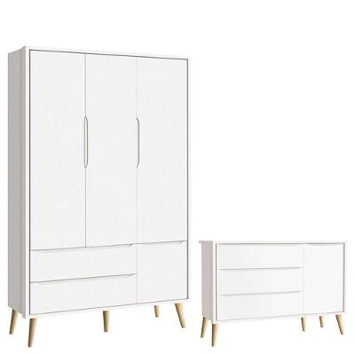 Cômoda Infantil Com Porta E Guarda Roupa 3 Portas Theo Branco Acetinado Pés Madeira Natural ? Reller