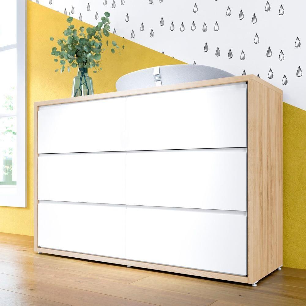 Cômoda Infantil 6 Gavetas Coleção Wood Divicar Branco Carvalho Treviso - 1