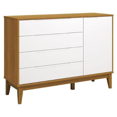Cômoda com Porta Classic Elfe 4 Gavetas MDF Puxador Embutido Branco Acetinado Savana Amadeirado