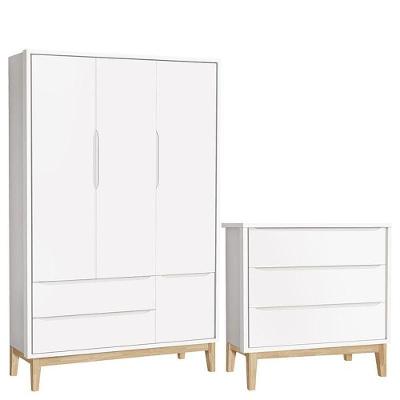 Cômoda Gaveteiro e Guarda Roupa Infantil New Classic 3 Portas 5 Gavetas MDF Branco Acetinado