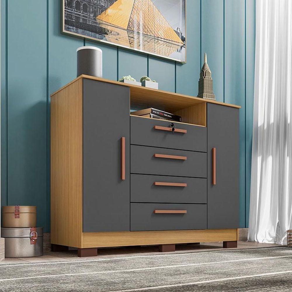 Cômoda Ambiente Madri 4 Gavetas 2 Portas Carvalho Americano Grafite - Incorplac - 1