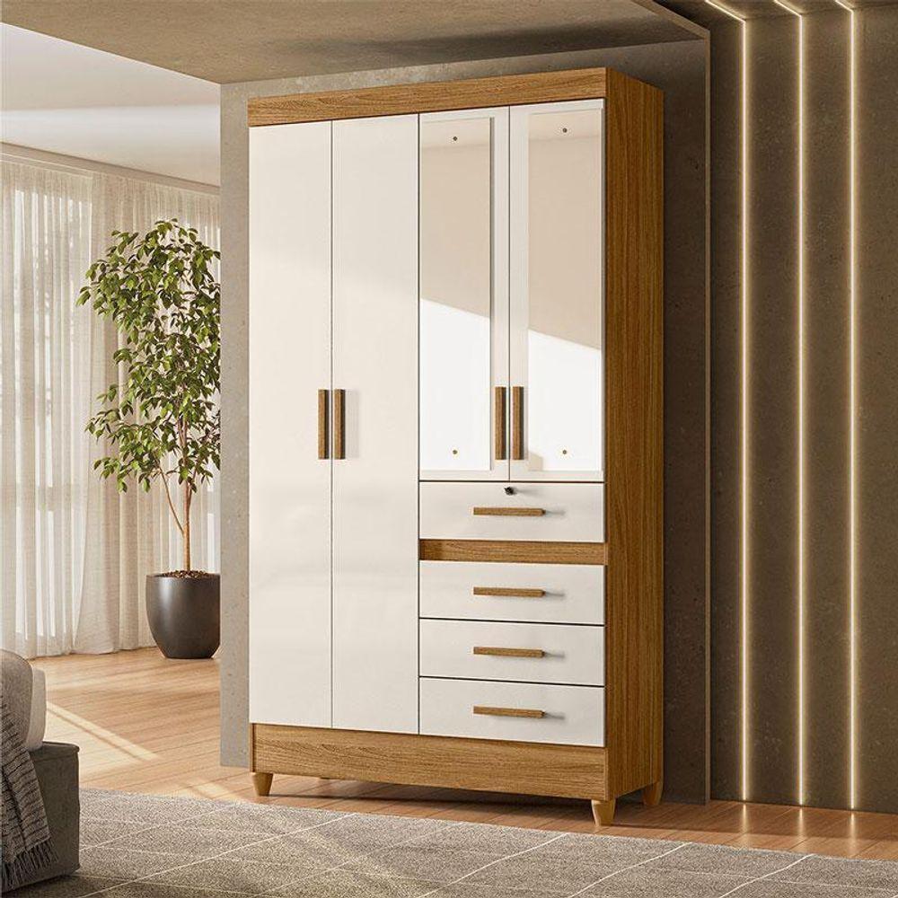 Guarda Roupa Solteiro Ambiente Sobral 4 Portas Freijó Off White Com Espelho - Moval - 1