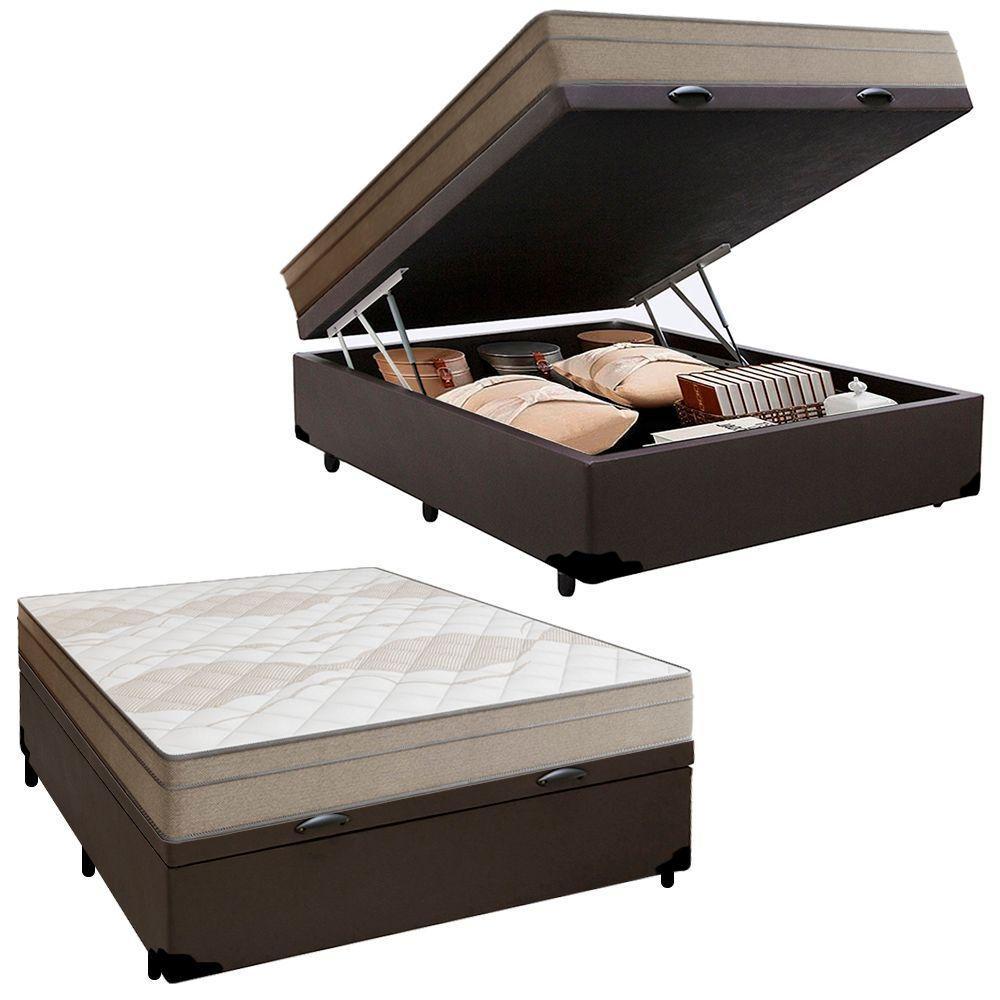 Cama Box Baú Casal Sintético + Colchão De Molas Ensacadas Portobel Ipanema - 138x188x66cm Marrom - 1