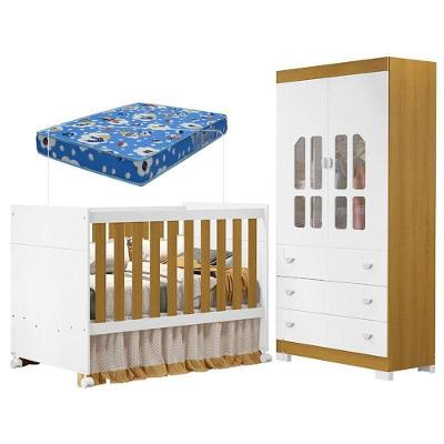 Berço Americano e Cômoda Infantil Katatau 4 Gavetas MDF Puxadores Plástico Branco com Colchão