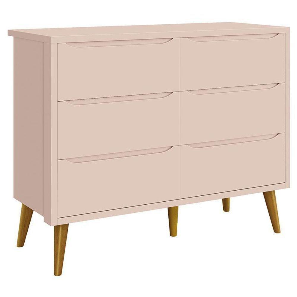 Cômoda Infantil 6 Gavetas Retrô Theo Rosa Acetinado Com Pés Madeira ? Reller - 1