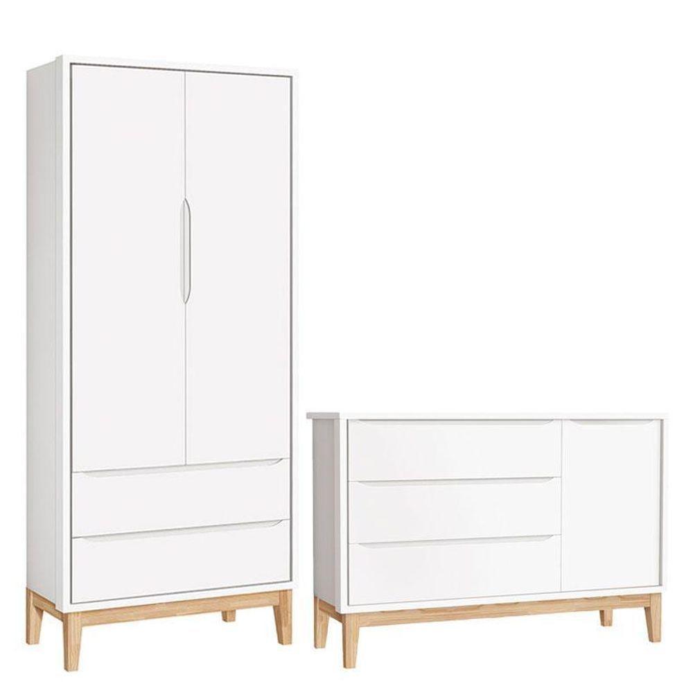 Cômoda Com Porta E Guarda Roupa Infantil 2 Portas New Classic Branco Com Pés Madeira Natural ? Reller - 1