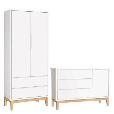 Cômoda e Guarda Roupa Infantil New Classic 3 Portas Giratórias 5 Gavetas em MDF Branco com Pés
