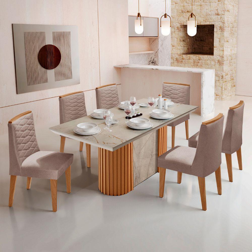 Mesa De Jantar Aspen 180cm Tampo Bp Canto Reto 6 Cadeiras Eloise Linho Capuccino Gris Royale - 1