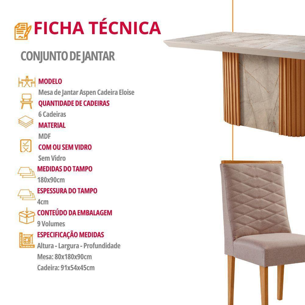 Mesa De Jantar Aspen 180cm Tampo Bp Canto Reto 6 Cadeiras Eloise Linho Capuccino Gris Royale - 6