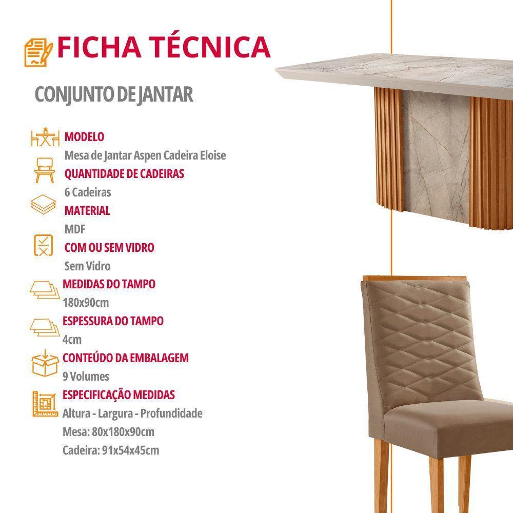 Mesa De Jantar Aspen 180cm Tampo Bp Canto Reto 6 Cadeiras Eloise Veludo Capuccino Gris Royale - 6