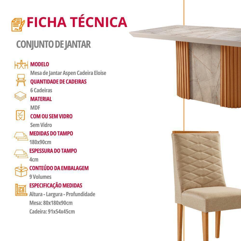Mesa De Jantar Aspen 180cm Tampo Bp Canto Reto 6 Cadeiras Eloise Turim 07 Gris Royale Naturale - 5