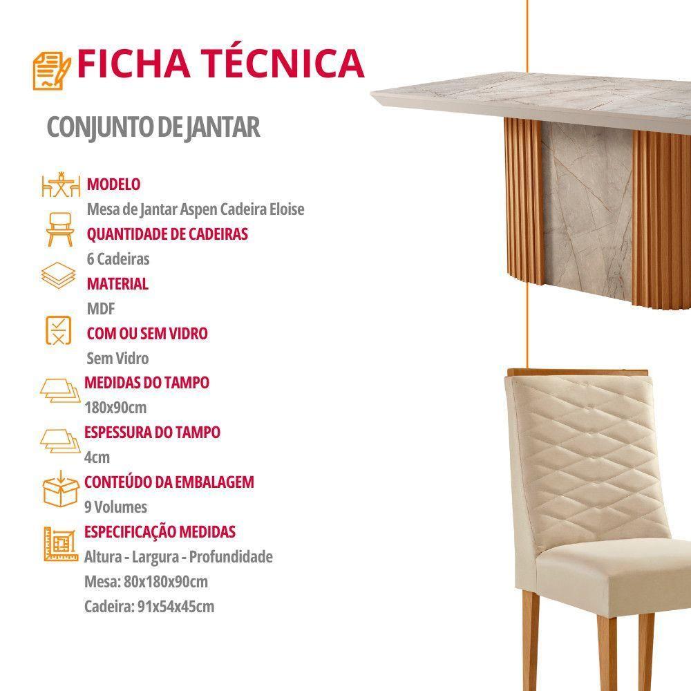 Mesa De Jantar Aspen 180cm Tampo Bp Canto Reto 6 Cadeiras Eloise Veludo Creme Gris Royale - 6