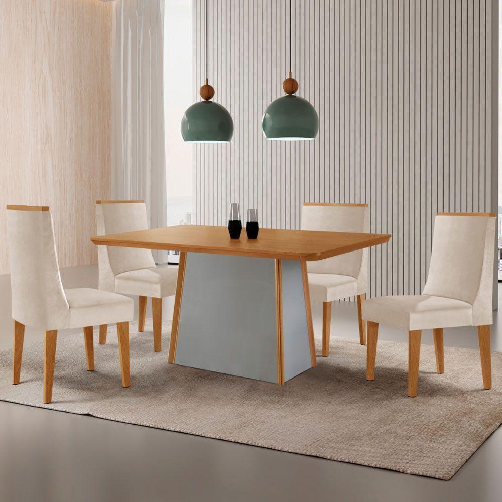 Mesa De Jantar Diane 120cm Tampo Mdf Lam 4 Cadeiras Lisboa Moderna Veludo Creme Naturale Off White - 1
