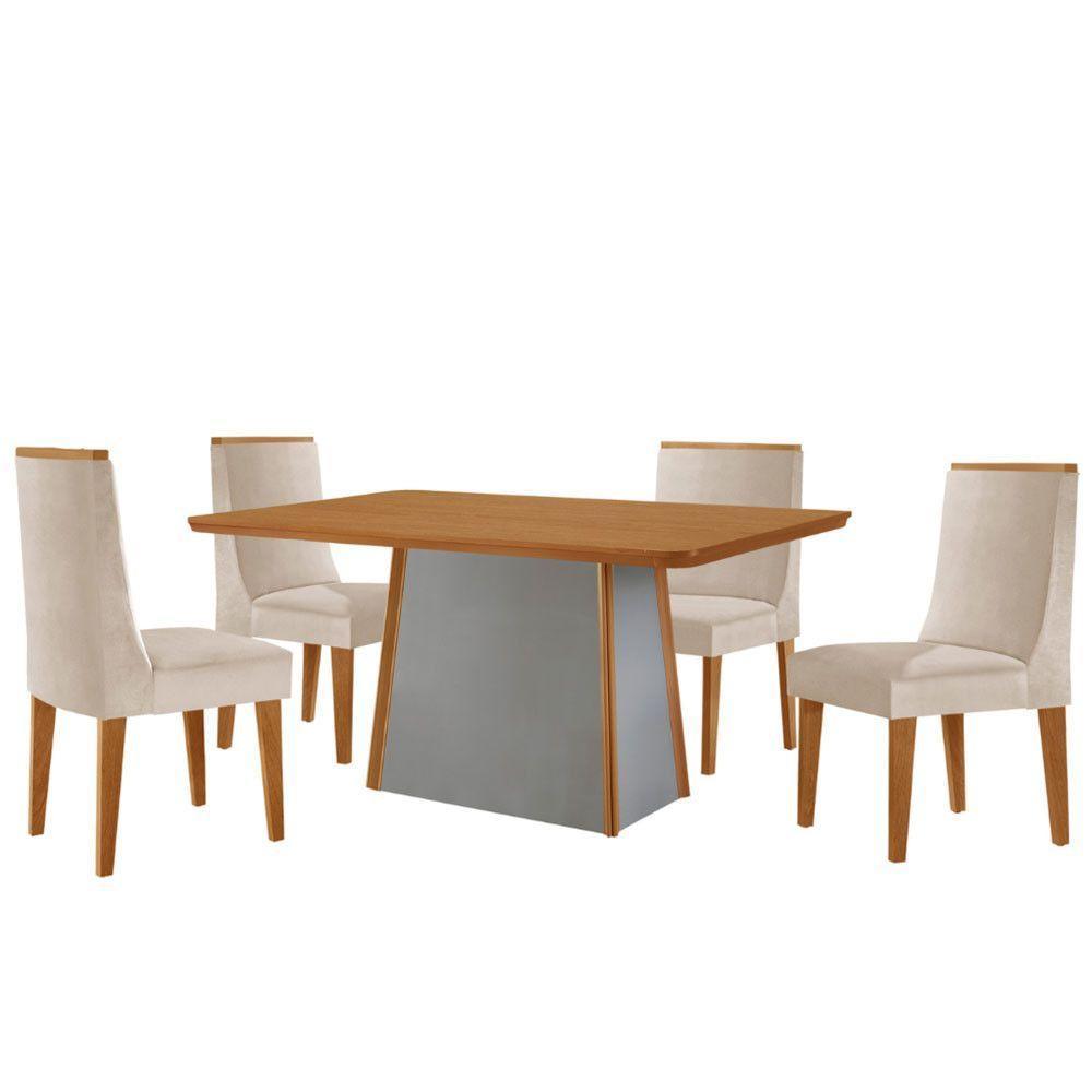 Mesa De Jantar Diane 120cm Tampo Mdf Lam 4 Cadeiras Lisboa Moderna Veludo Creme Naturale Off White - 2