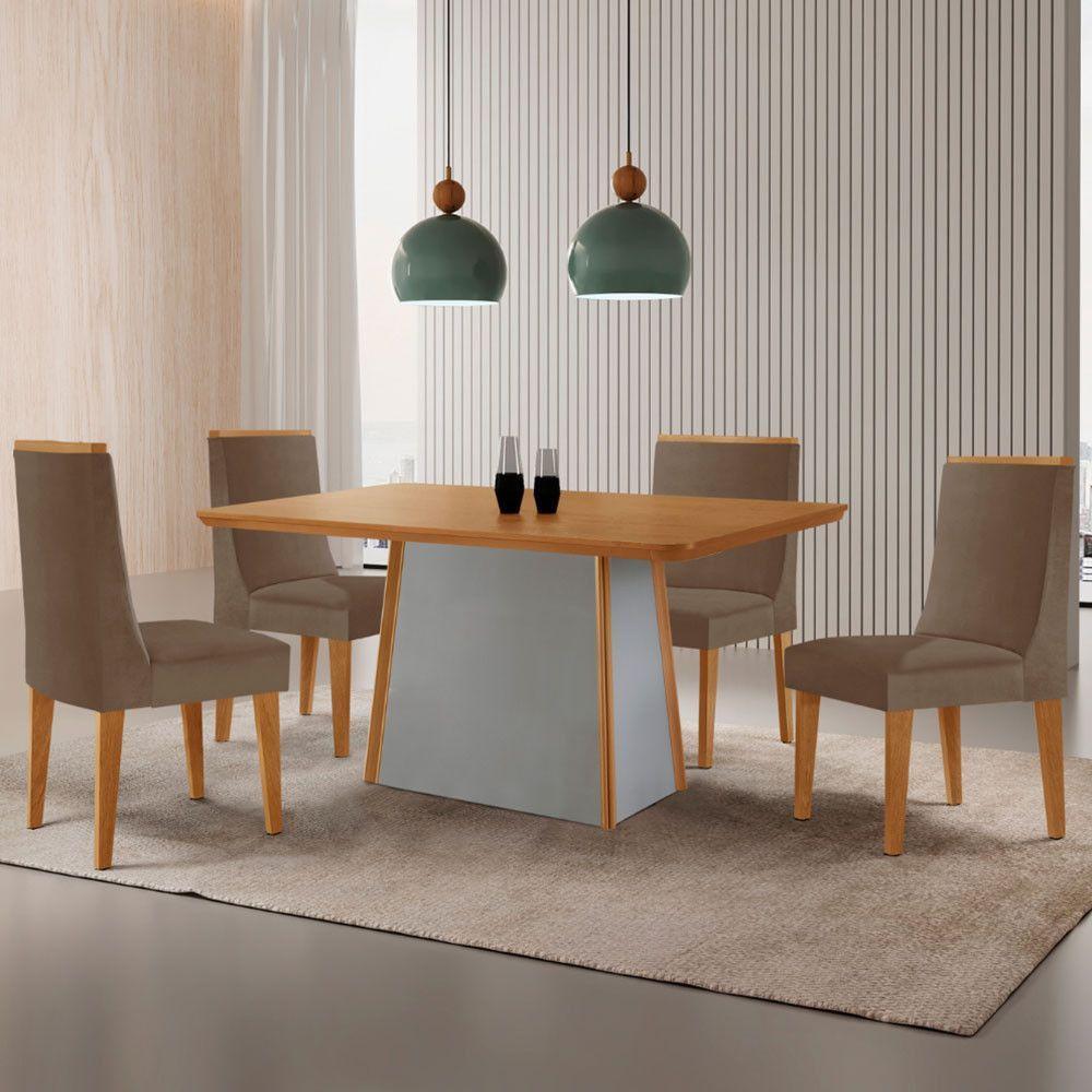 Mesa De Jantar Diane 120cm Tampo Mdf Lam 4 Cadeiras Lisboa Moderna Veludo Capuccino Naturale Off White - 1