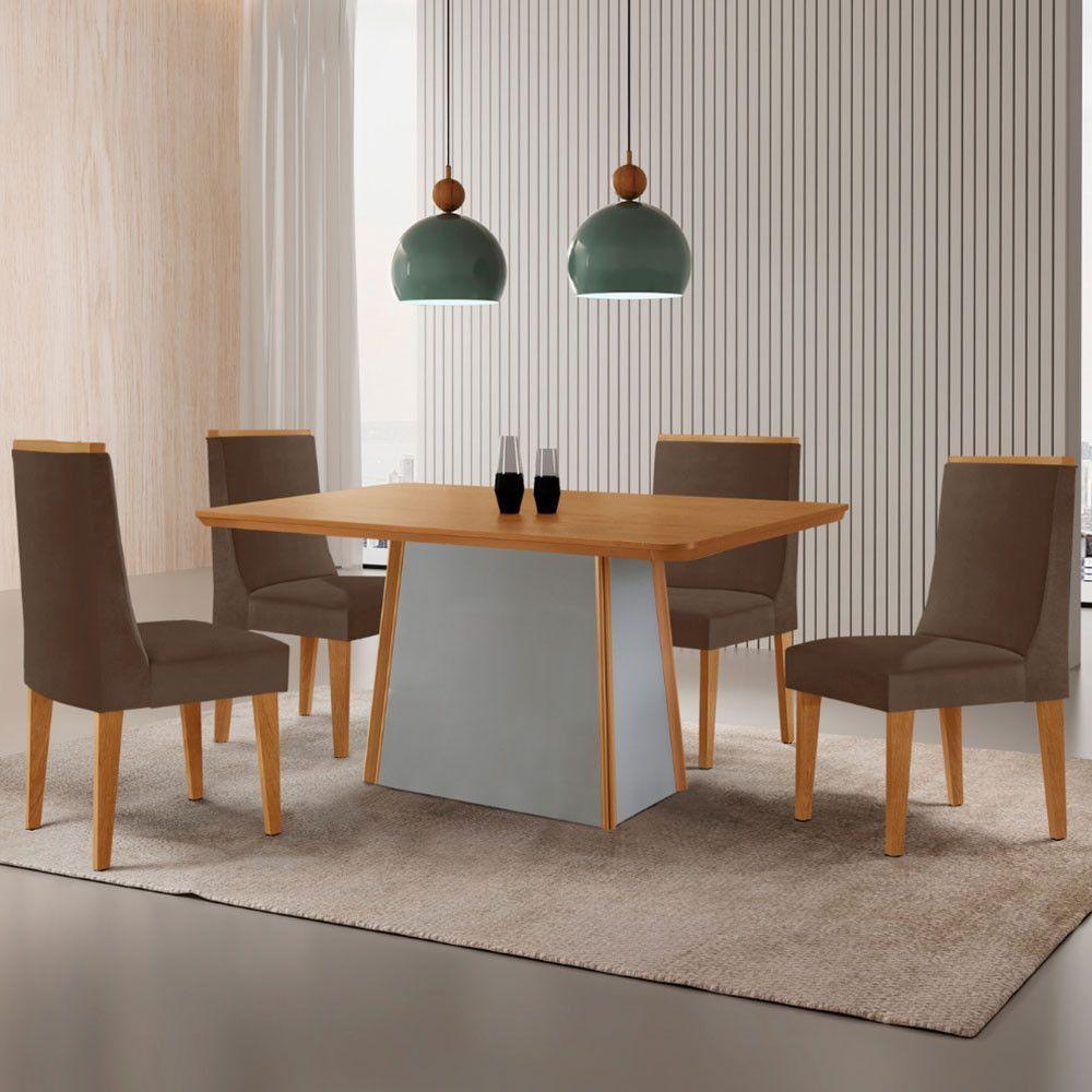 Mesa De Jantar Diane 120cm Tampo Mdf Lam 4 Cadeiras Lisboa Moderna Veludo Marrom Naturalle Off White - 1