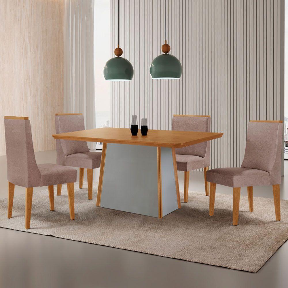 Mesa De Jantar Diane 120cm Tampo Mdf Lam 4 Cadeiras Lisboa Moderna Linho Capuccino Naturale Off White - 1