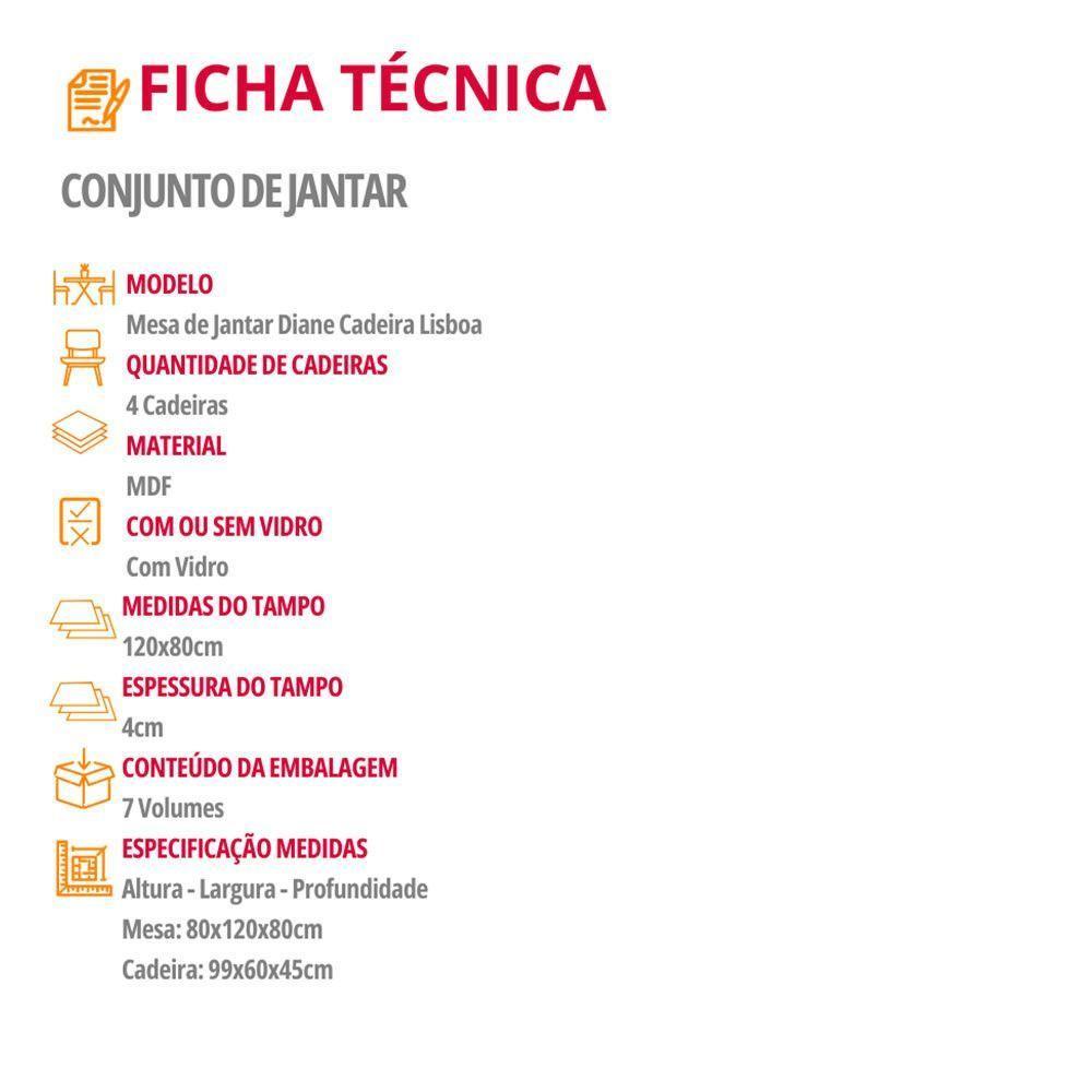 Mesa De Jantar Diane 120cm Tampo Mdf Vidro 4 Cadeiras Lisboa Moderna Turim 07 Naturale Serigrafia Off White - 6
