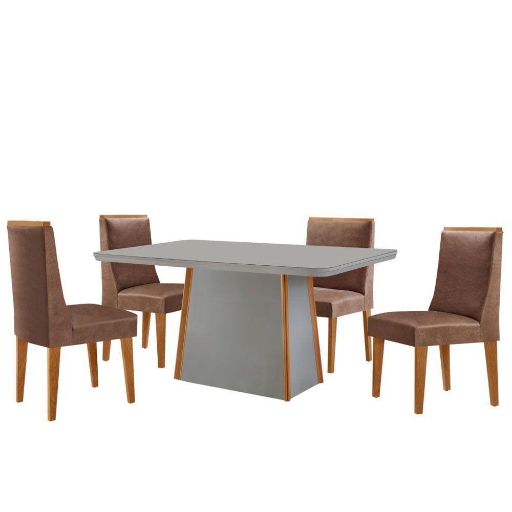 Mesa De Jantar Diane 120cm Tampo Mdf Vidro 4 Cadeiras Lisboa Moderna Tork Off White Naturale Serigrafia - 4