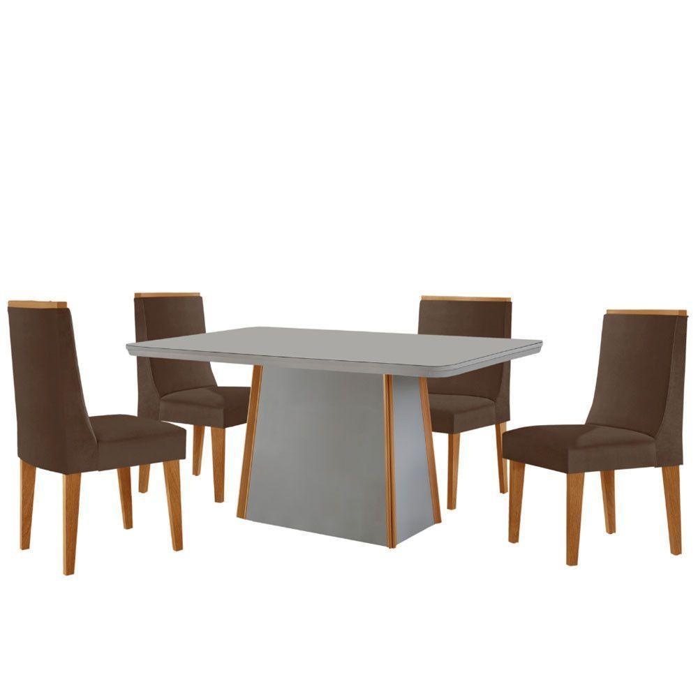Mesa De Jantar Diane 120cm Tampo Mdf Vidro 4 Cadeiras Lisboa Moderna Veludo Marrom Off White Naturale Serigrafia - 2
