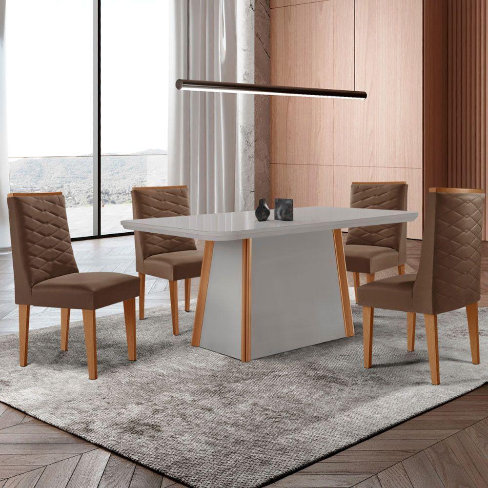 Mesa De Jantar Diane 120cm Tampo Mdf Vidro 4 Cadeiras Safira Moderna Veludo Marrom Off White Naturale Serigrafia Com Vidro - 1