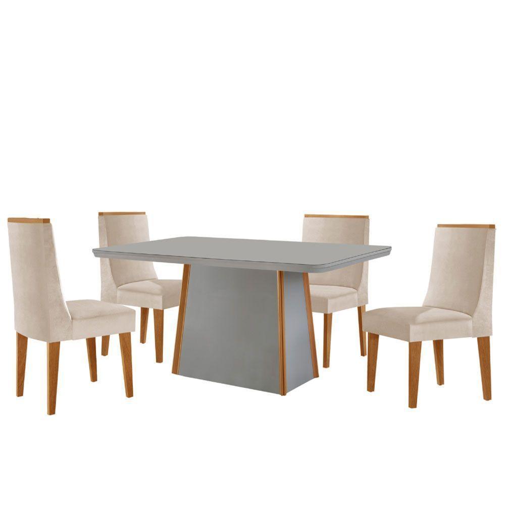 Mesa De Jantar Diane 120cm Tampo Mdf Vidro 4 Cadeiras Lisboa Moderna Veludo Creme Off White Naturale Serigrafia - 6